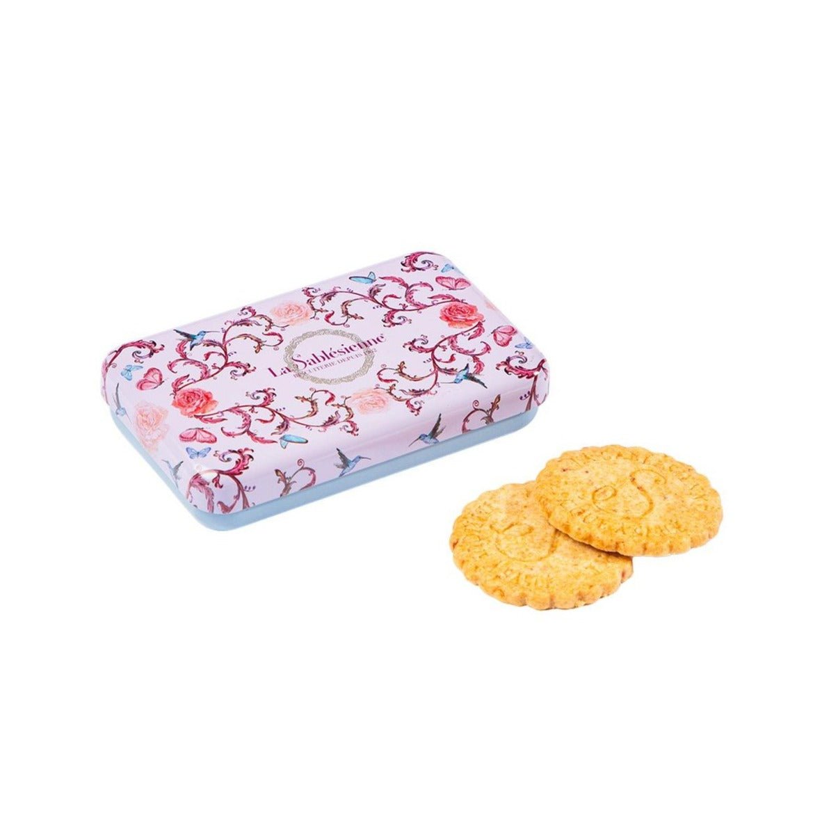 Biscuits sablés pépites de framboise - mini boite métal "Oiseau bleu" 35g - Mamie bohémeBiscuits sablés pépites de framboise - mini boite métal "Oiseau bleu" 35g